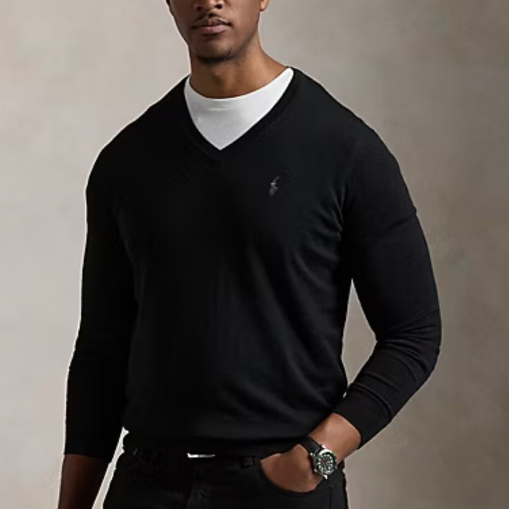 Polo Ralph Lauren Mens XL Tall Black Wool V-Neck Sweater Long Sleeve Logo